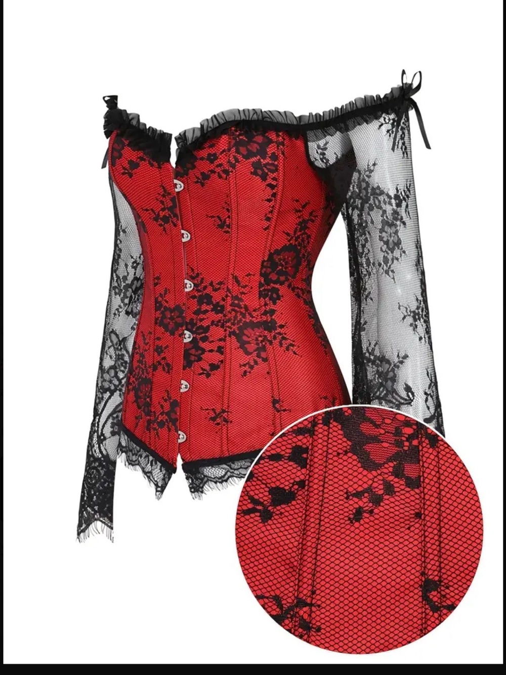 2X Red Lace Overlay Off-Shoulder Corset Top